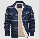 Blue plaid flannel jacket with cream fleece lining, shown flat | Chaps London