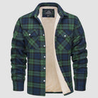 Green navy plaid flannel jacket with fleece lining, shown flat unbuttoned | Chaps London
