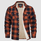 Orange navy plaid flannel jacket with fleece lining, shown flat unbuttoned | Chaps London