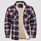 Red navy plaid flannel jacket with fleece lining, unworn, displayed flat | Chaps London