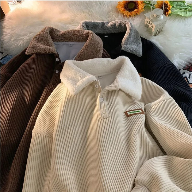 Fleece Jumper - Men's Corduroy Half Button Pullover-Sweater-Chaps London-Chaps London