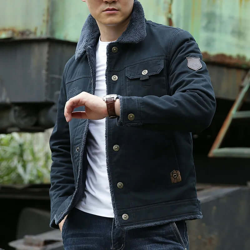 Fleece Lined Jacket | Button-Up | Breast Pocket | Winter Jacket | Men's Jacket-Chaps London-Blue-M-Chaps London