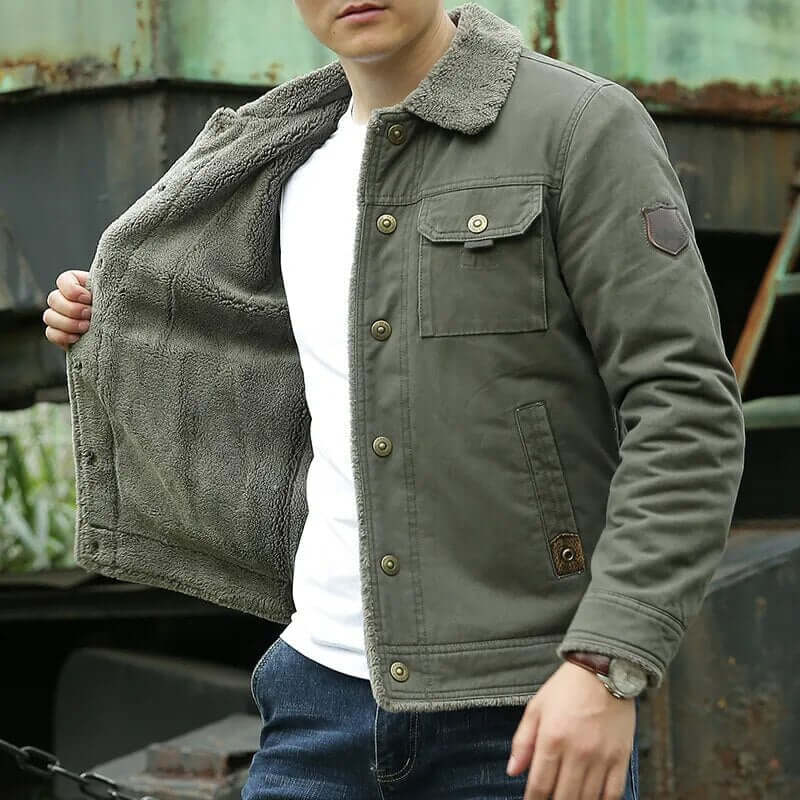 Fleece Lined Jacket | Button-Up | Breast Pocket | Winter Jacket | Men's Jacket-Chaps London-Green-M-Chaps London