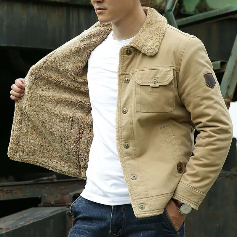Fleece Lined Jacket | Button-Up | Breast Pocket | Winter Jacket | Men's Jacket-Chaps London-Khaki-M-Chaps London
