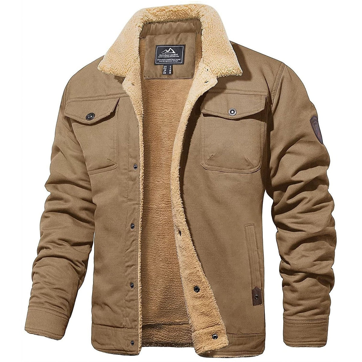 Fleece Lined Jacket - Men's Button Up Winter Jacket-Men's Winter Jacket-Chaps London-Khaki-S-Chaps London