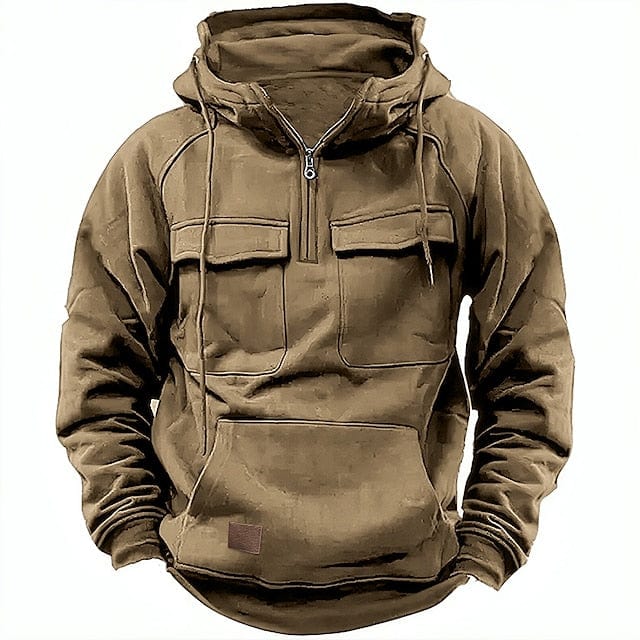 Half Zip Hoodie - Pullover - Kangaroo Pocket - Cargo Hoodie - Men's Hoodie-Hoodie-Chaps London-Brown-XS-Chaps London