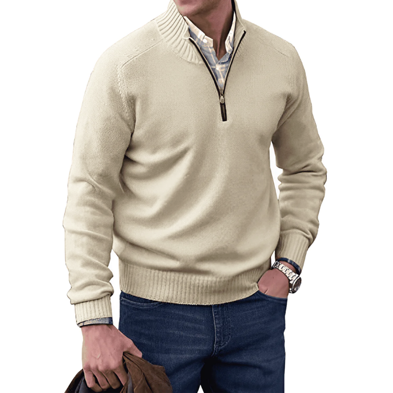 Half Zip Jumper | Casual | Regular Fit | Knitted Sweater | Mens Quarter Zip Sweaters-Chaps London-Light Khaki-M-Chaps London