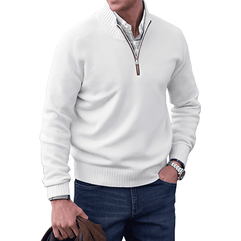 Half Zip Jumper | Casual | Regular Fit | Knitted Sweater | Mens Quarter Zip Sweaters-Chaps London-White-M-Chaps London