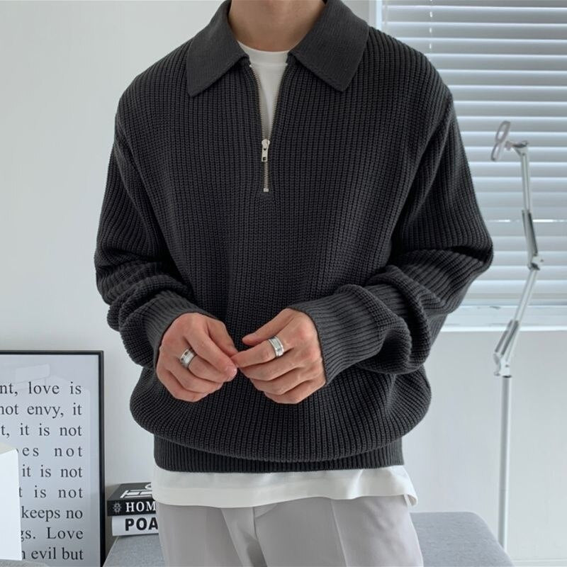 Half Zip Jumper - Men's Rib Knit Collared-Sweaters-Chaps London-Black-M-Chaps London