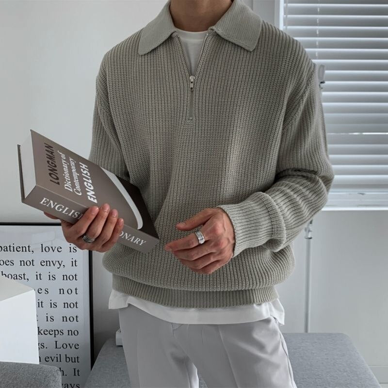 Half Zip Jumper - Men's Rib Knit Collared-Sweaters-Chaps London-Grey-M-Chaps London