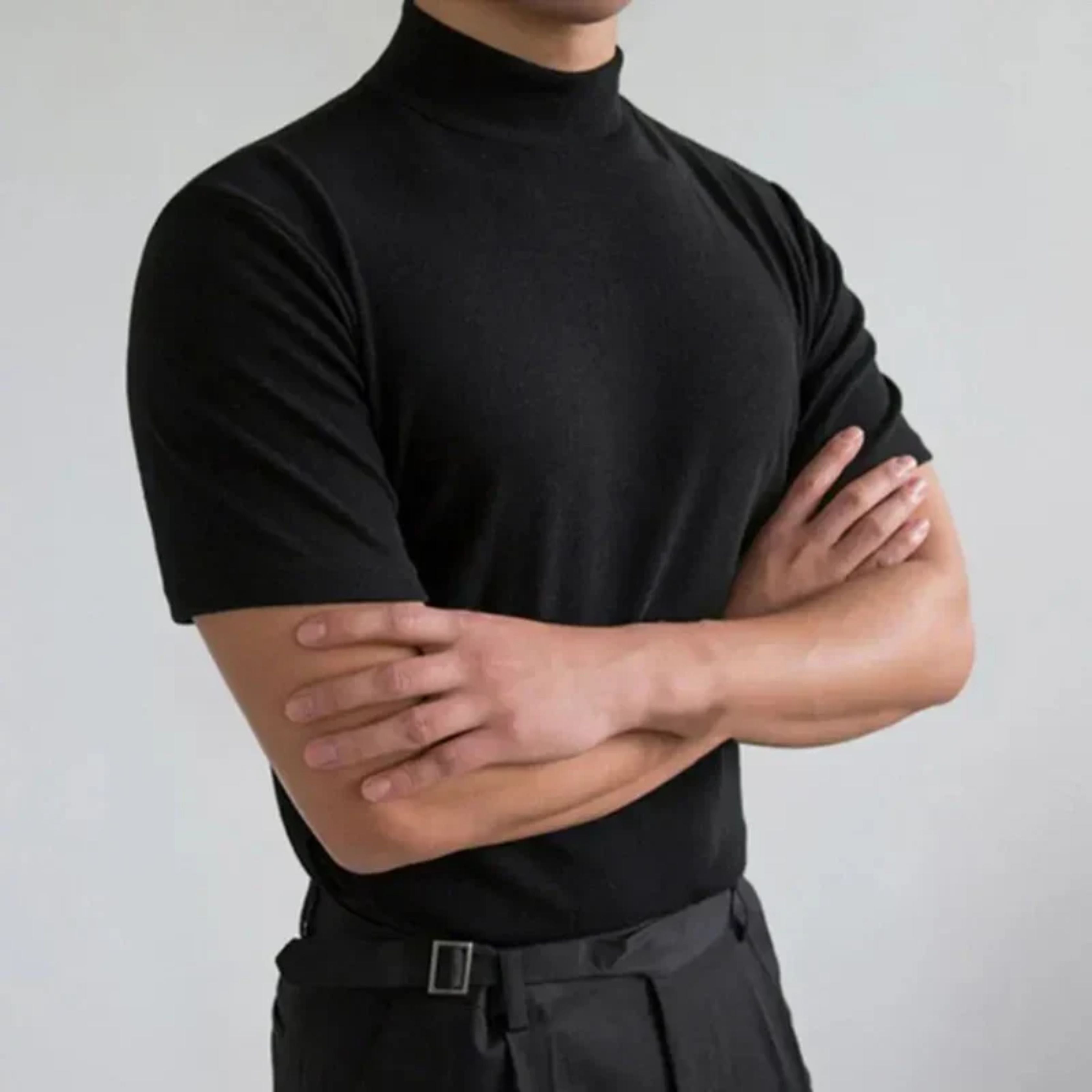 High Neck T-shirt | Casual | Short Sleeve | Plain T-Shirt | Men's Clothing-Chaps London-Black-S-Chaps London