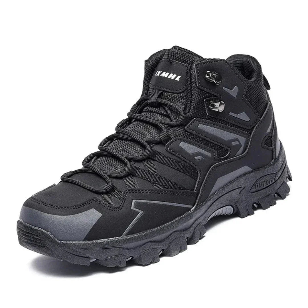 Black lace-up hiking boot with rugged sole, shown at angle | Chaps London
