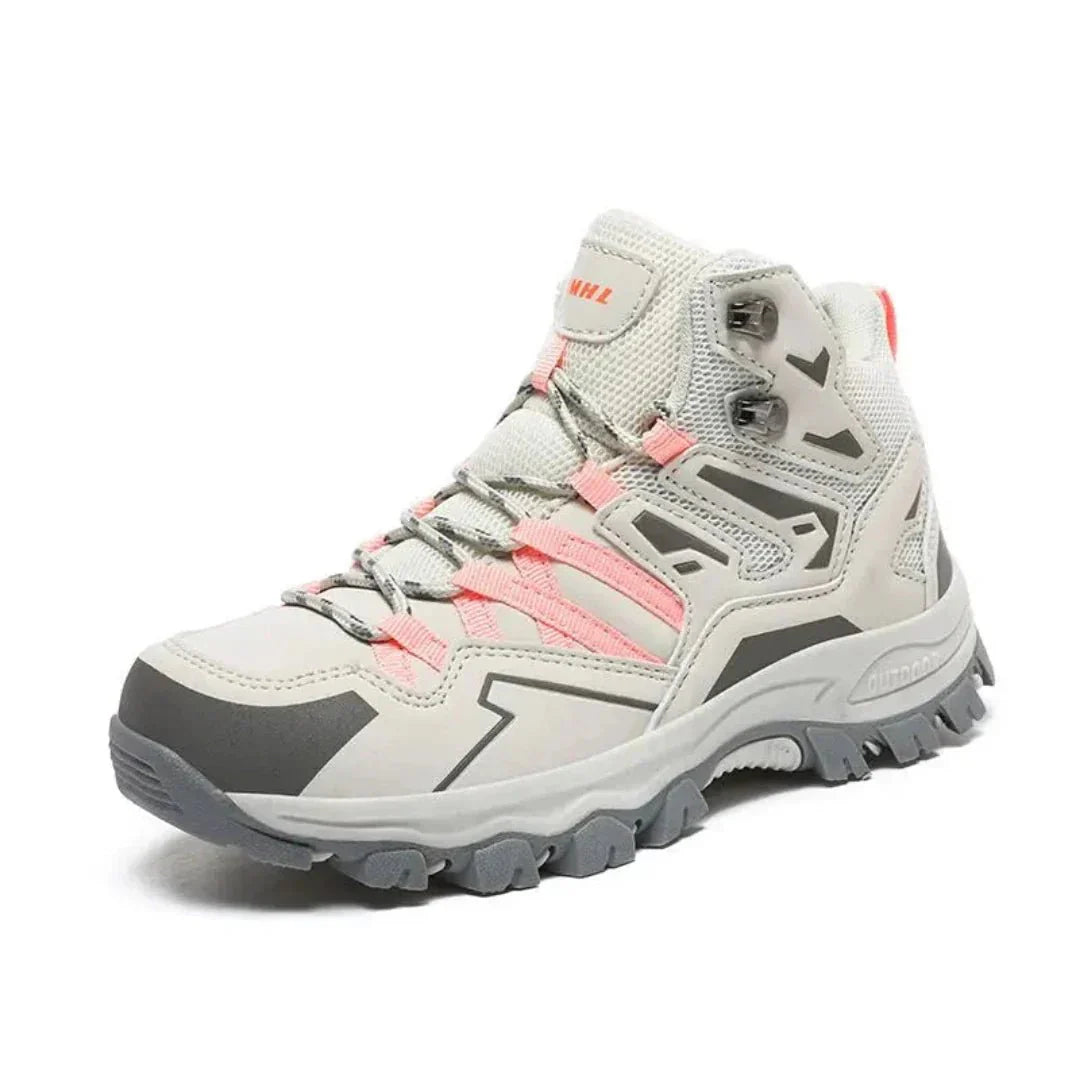 Gray and pink high-top hiking boot with rugged sole, shown alone | Chaps London