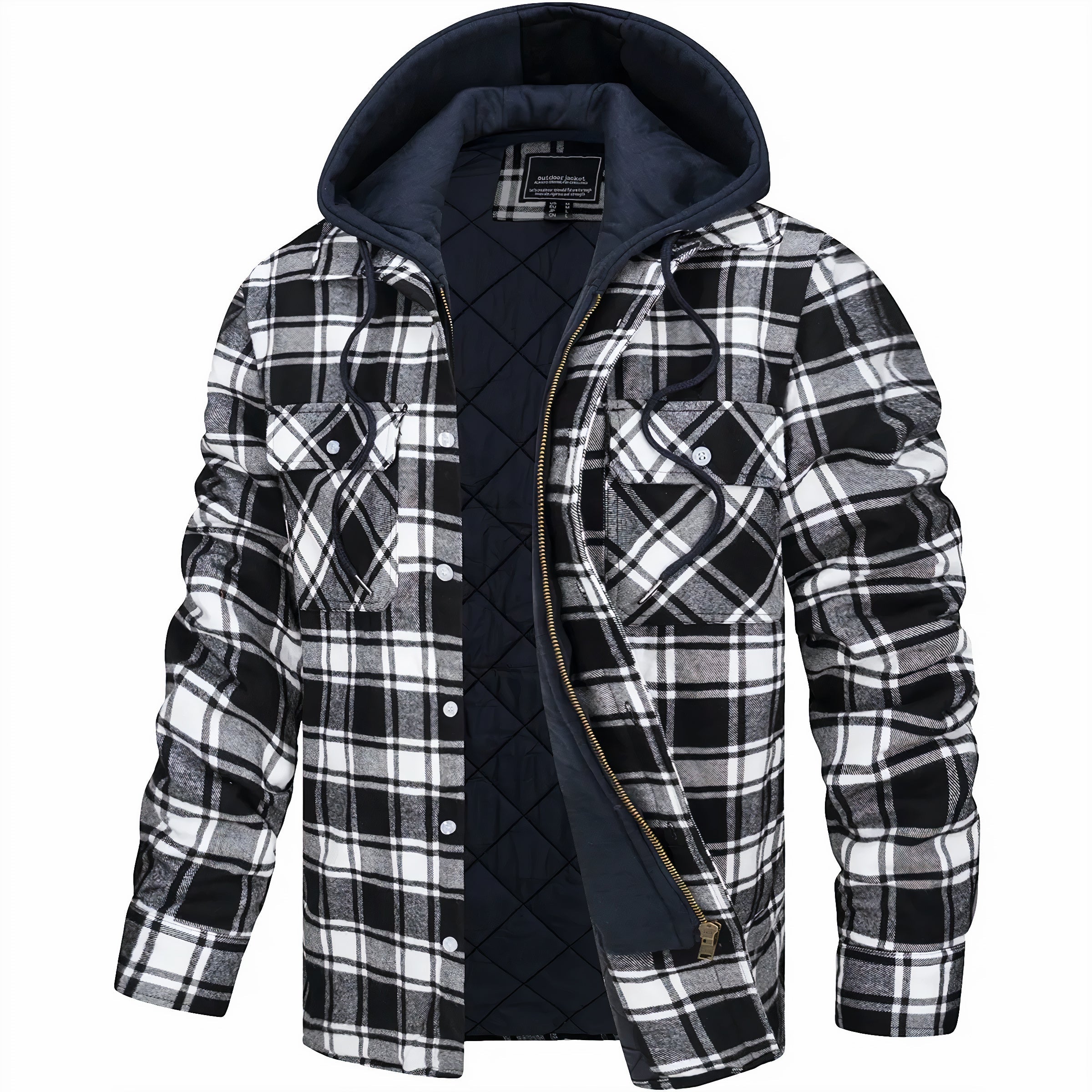 Hooded Jacket - Men's Plaid Quilted Zip Up-Hoodie Jacket-Chaps London-Black-S-Chaps London