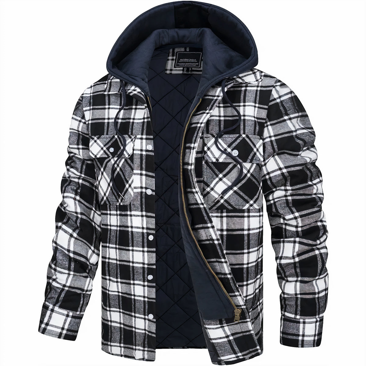 Hooded Jacket - Men's Plaid Quilted Zip Up-Hoodie Jacket-Chaps London-Black-S-Chaps London