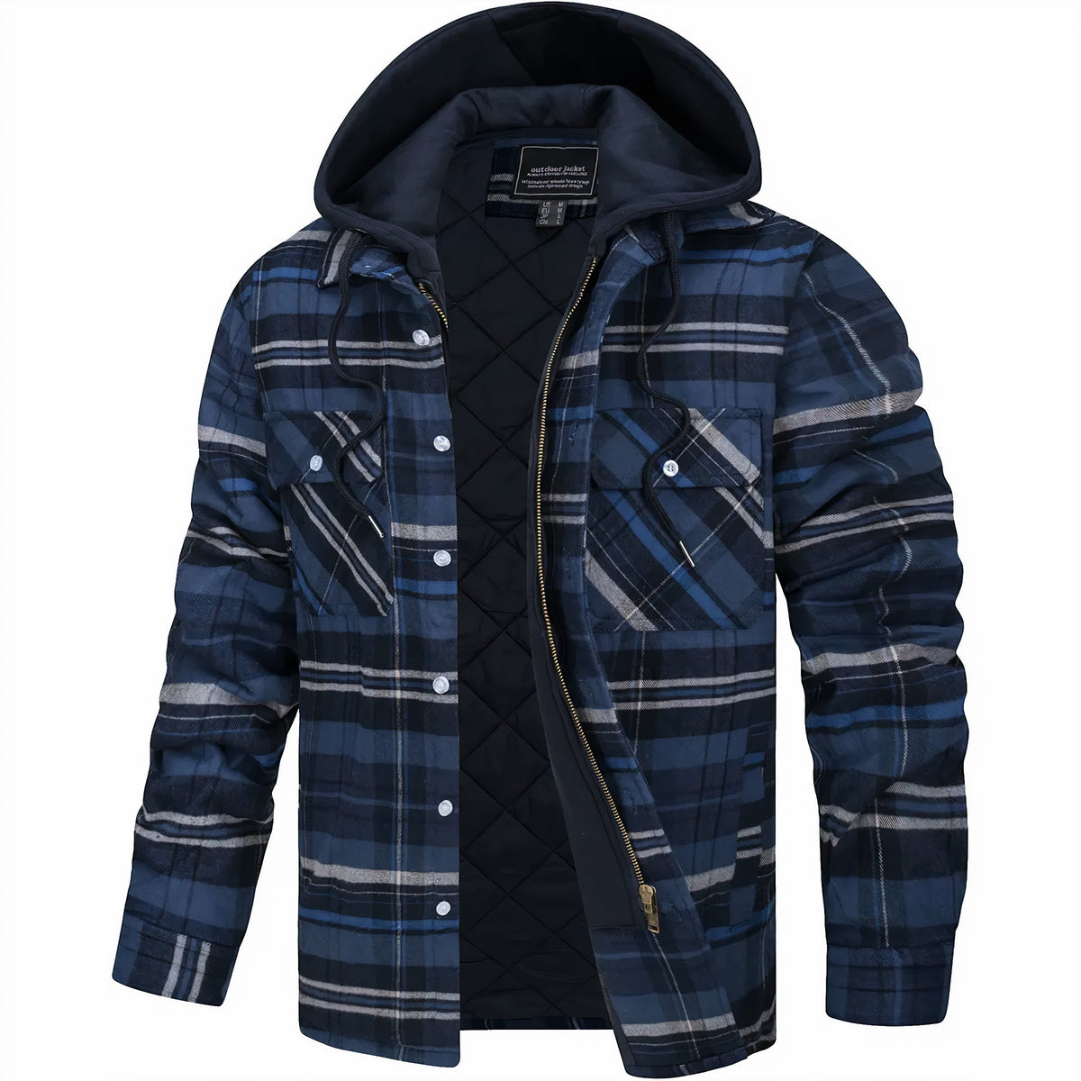 Hooded Jacket - Men's Plaid Quilted Zip Up-Hoodie Jacket-Chaps London-Dark Blue-S-Chaps London