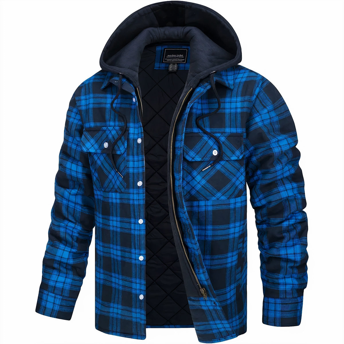 Hooded Jacket - Men's Plaid Quilted Zip Up-Hoodie Jacket-Chaps London-Light Blue-S-Chaps London