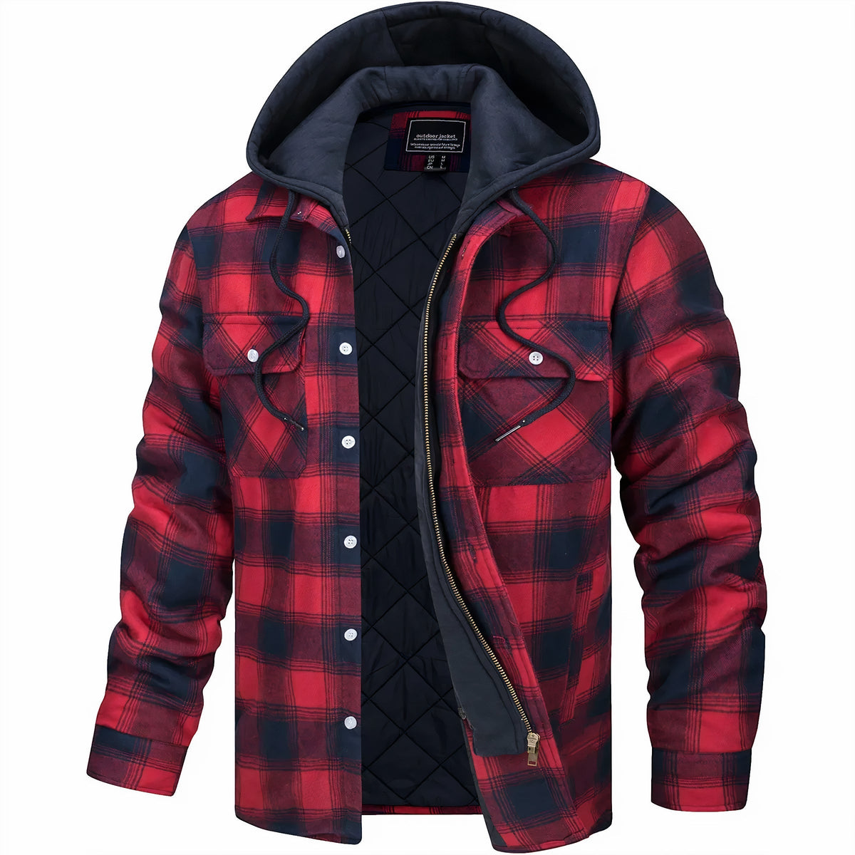 Hooded Jacket - Men's Plaid Quilted Zip Up-Hoodie Jacket-Chaps London-Red-S-Chaps London