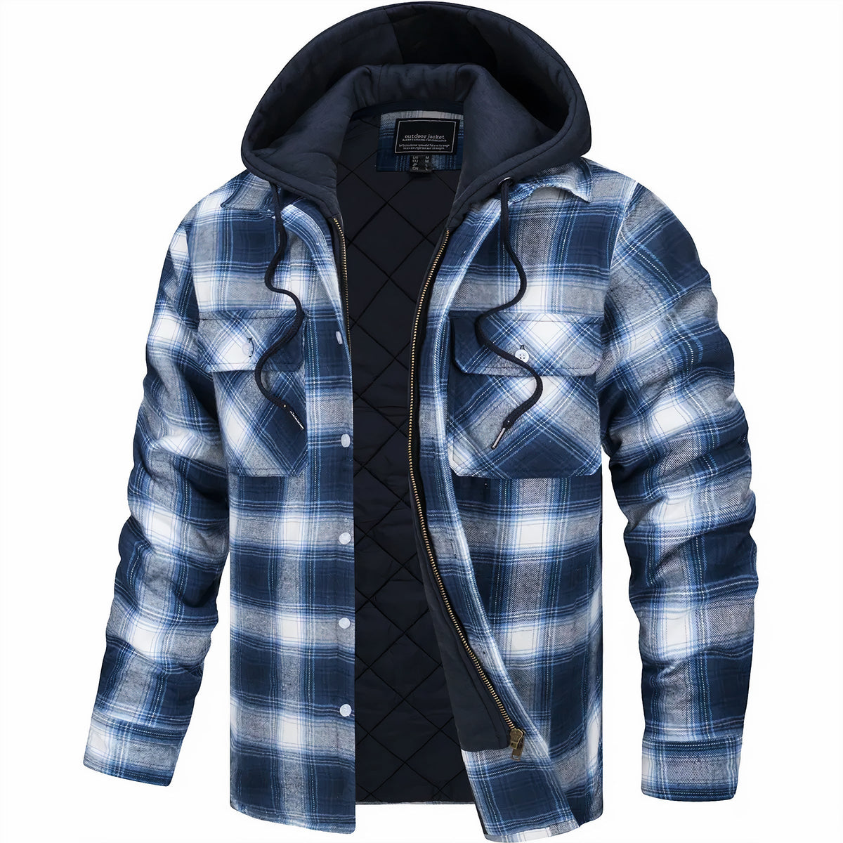 Hooded Jacket - Men's Plaid Quilted Zip Up-Hoodie Jacket-Chaps London-White-Blue-S-Chaps London