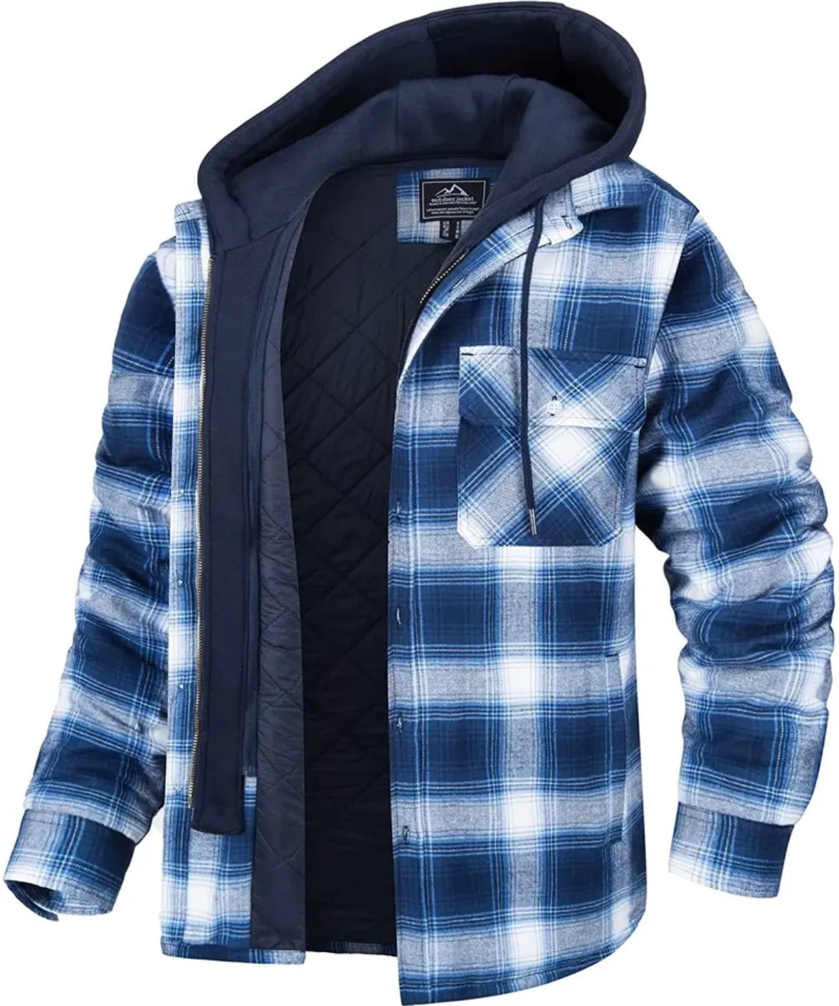 Hooded Jacket - Men's Quilted Lined Plaid-Jacket-Chaps London-White - Blue-S-Chaps London