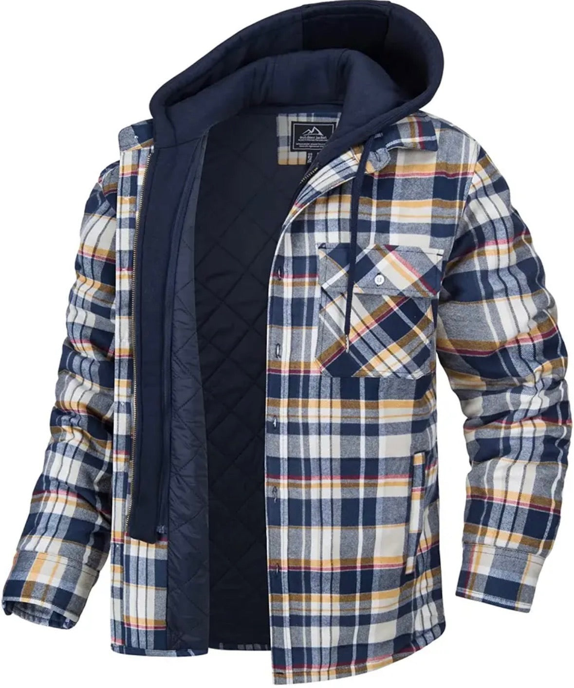 Hooded Jacket - Men's Quilted Lined Plaid-Jacket-Chaps London-Yellow - Blue-S-Chaps London