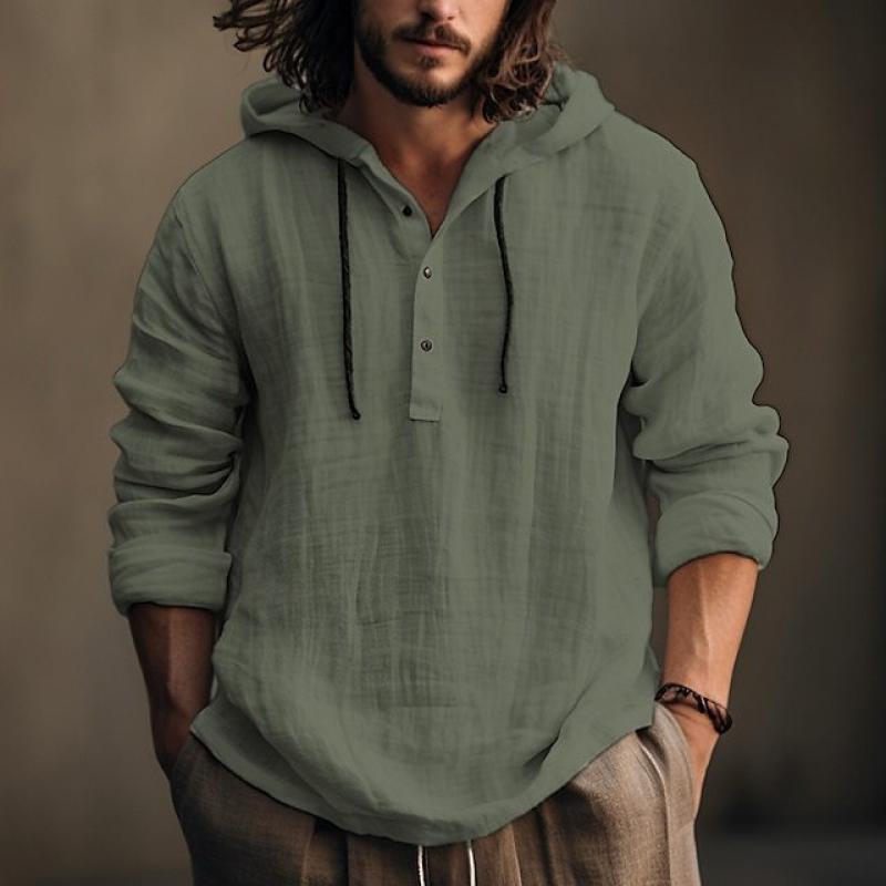 Hooded Shirt - Button-Up - Loose Fit - Linen Hoodie - Men's Clothing-Shirts & Tops-Chaps London-Army Green-S-Chaps London