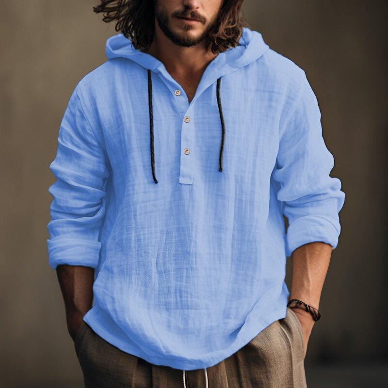Hooded Shirt - Button-Up - Loose Fit - Linen Hoodie - Men's Clothing-Shirts & Tops-Chaps London-Blue-S-Chaps London