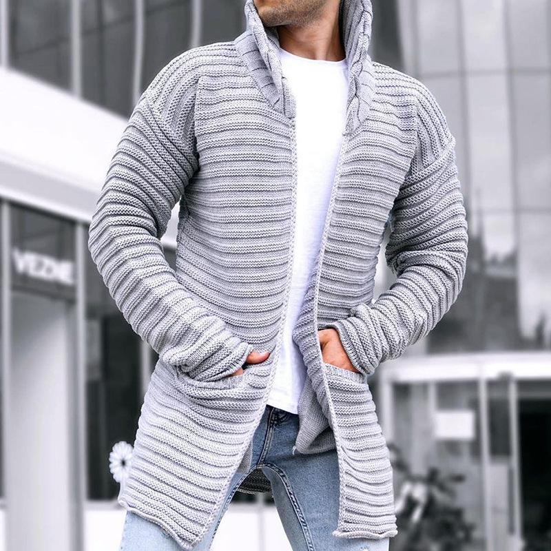 Knit Cardigan - Hooded - Open Front - Long Cardigan - Men's Cardigan-Coats & Jackets-Chaps London-Grey-M-Chaps London