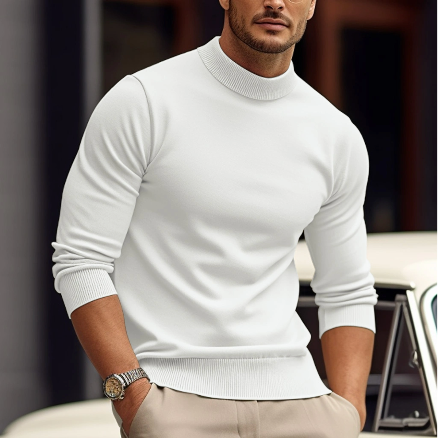 Knit Sweater - High Neck - Long Sleeve - Roll Neck Jumper - Men's Jumper-Trui man-Chaps London-White-XS-Chaps London