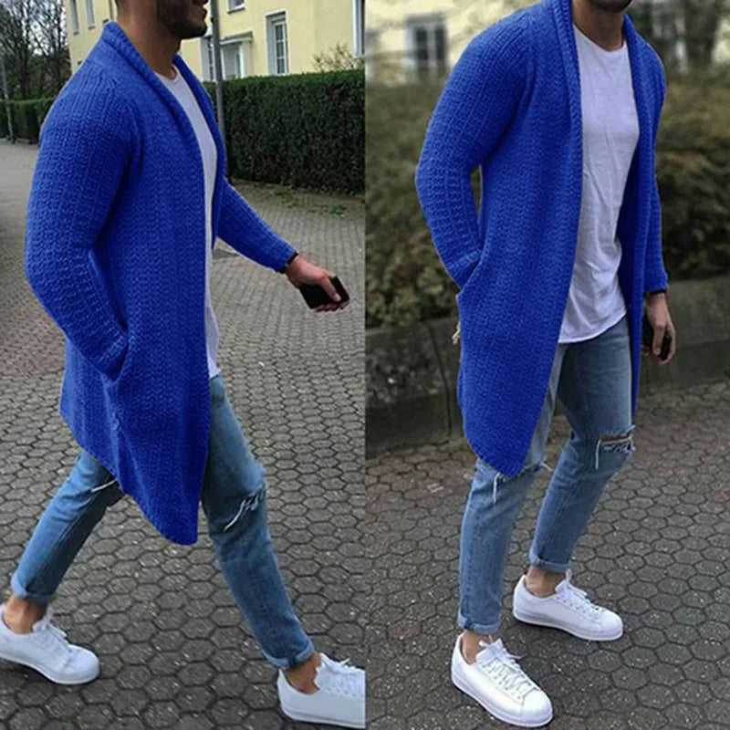 Knitted Cardigan | Casual | Open Front | Long Cardigan | Men's Cardigan-Long Cardigan-Chaps London-Blue-M-Chaps London
