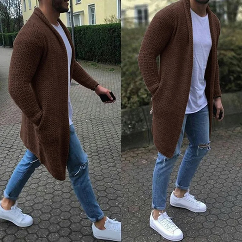 Knitted Cardigan | Casual | Open Front | Long Cardigan | Men's Cardigan-Long Cardigan-Chaps London-Brown-M-Chaps London