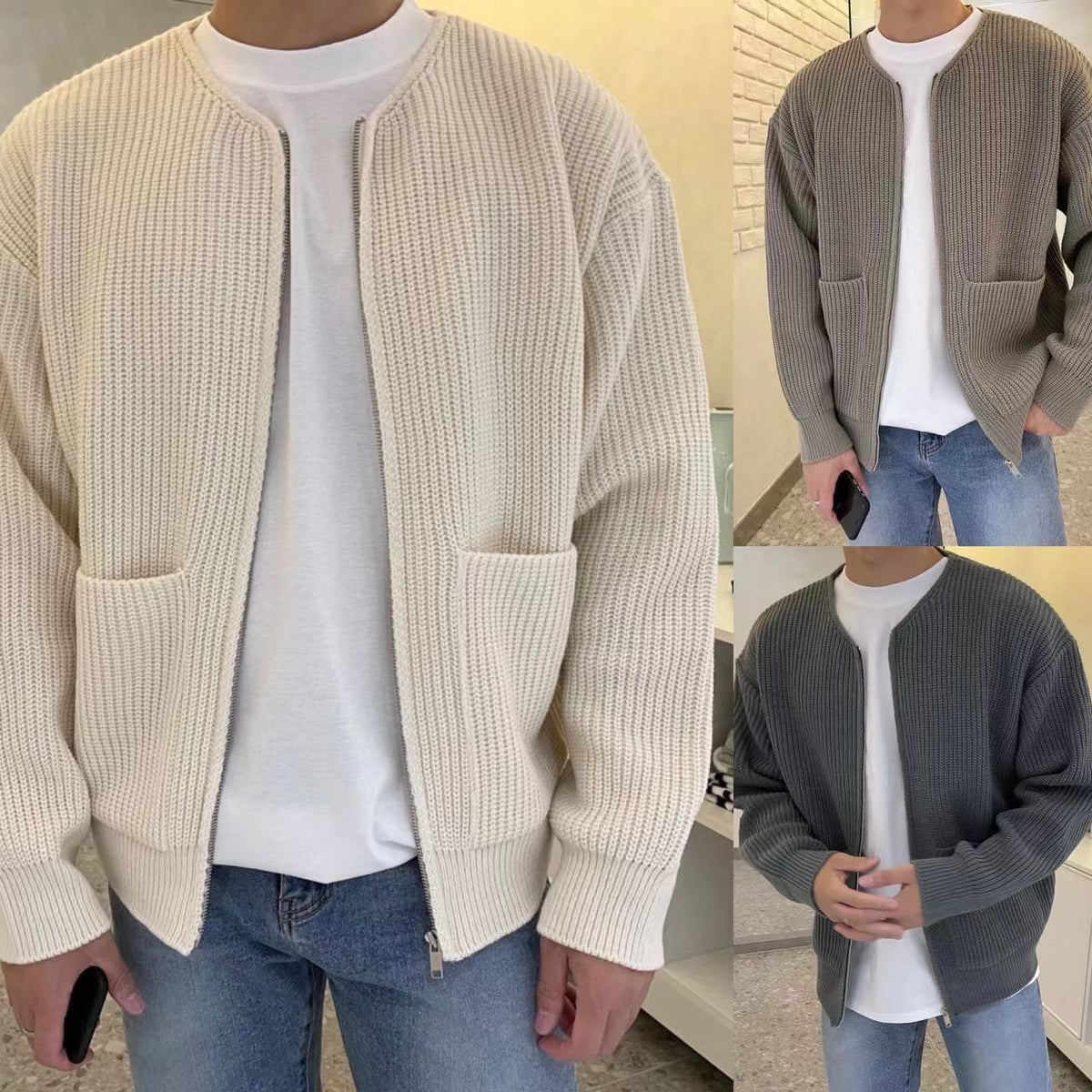Knitted Cardigan - Men's Chunky Full Zip with Pockets-Cardigans-Chaps London-Chaps London