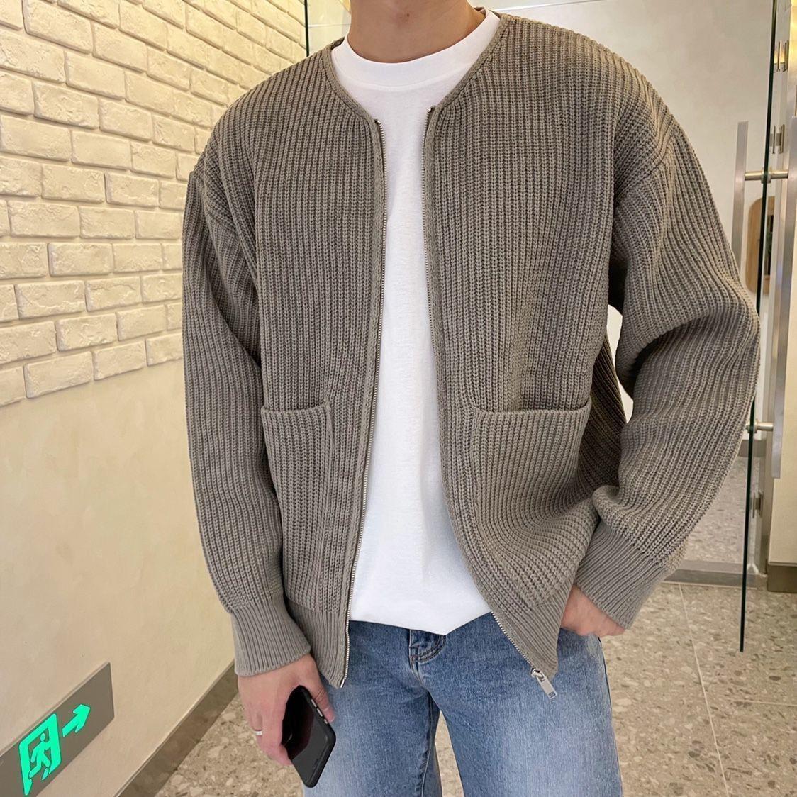 Knitted Cardigan - Men's Chunky Full Zip with Pockets-Cardigans-Chaps London-Khaki-S-Chaps London
