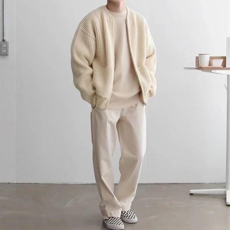 Knitted Cardigan - Men's Chunky Full Zip with Pockets-Cardigans-Chaps London-White-S-Chaps London