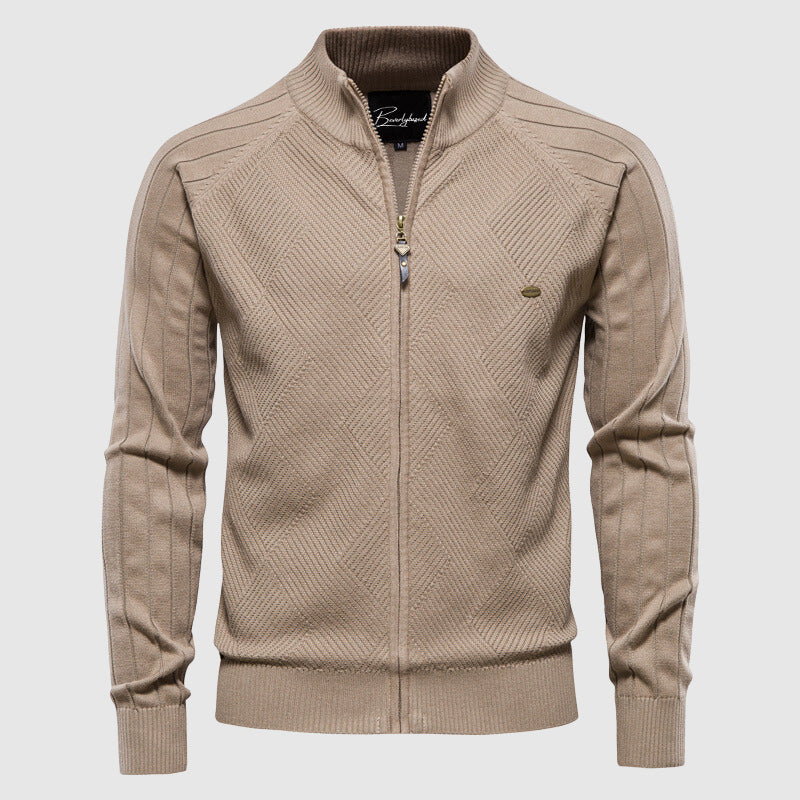 Knitted Cardigan - Men's Full Zip Up Jumper-Men's Zip Cardigan-Chaps London-Beige-M-Chaps London