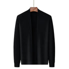 Black knitted open-front cardigan with textured pattern, displayed on hanger | Chaps London