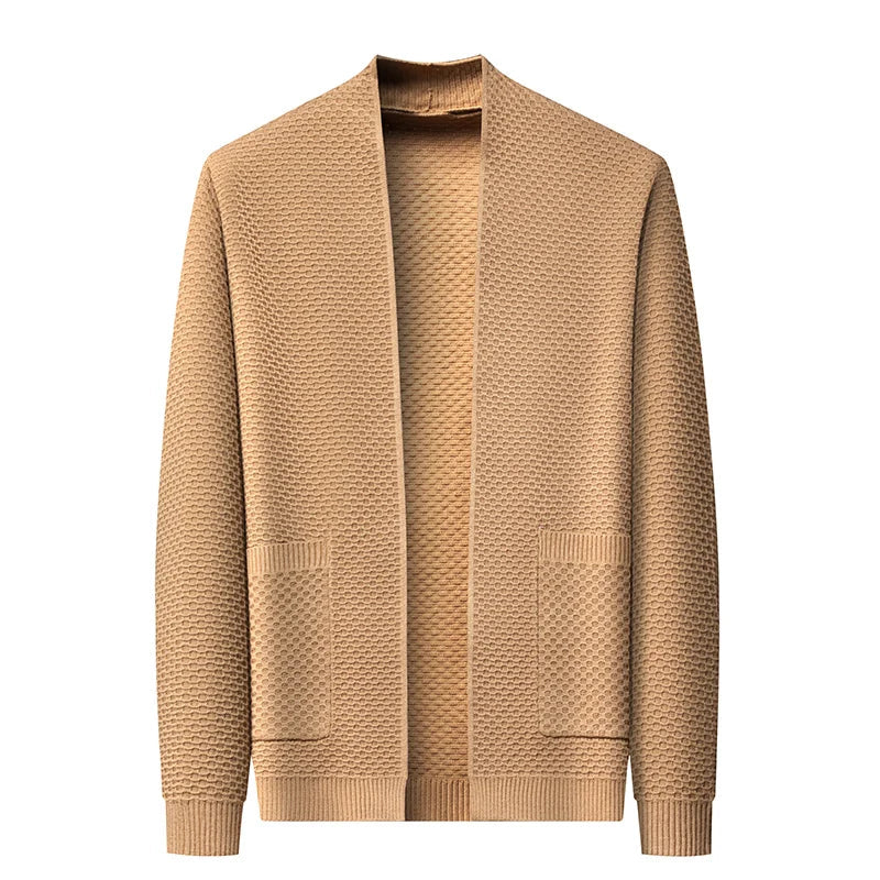 Camel knit open-front cardigan with pockets, textured pattern, shown flat | Chaps London