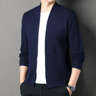 Man wearing navy knitted textured cardigan with open front, worn casually | Chaps London