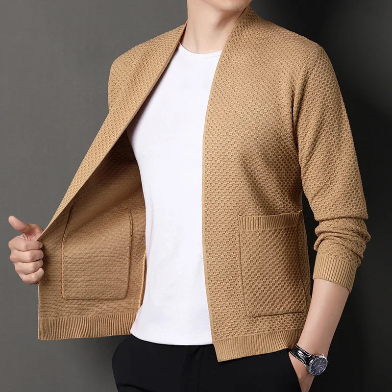 Man wearing camel knitted open-front cardigan with textured pattern and pockets | Chaps London