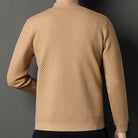 Camel knitted mock-neck cardigan with textured pattern, worn by man, back view | Chaps London