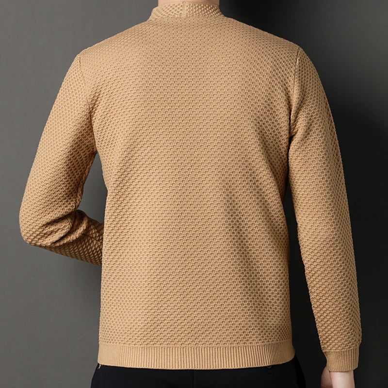 Camel knitted mock-neck cardigan with textured pattern, worn by man, back view | Chaps London