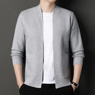 Man wearing gray knitted open-front cardigan with textured pattern and pockets | Chaps London
