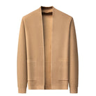Camel knit open-front cardigan with patch pockets, shown flat on display | Chaps London
