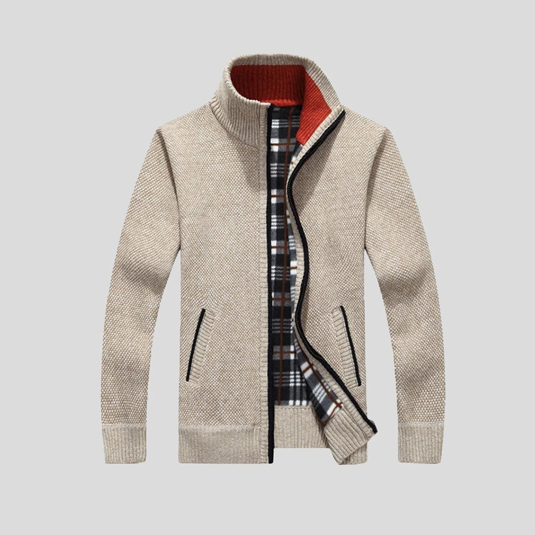 Knitted Cardigan - Men's Zip Up Standing Collar-Fashion Men Jacket Bomber Fall-Chaps London-Beige-S-Chaps London