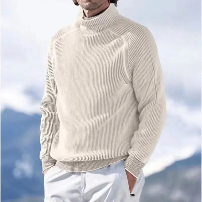 Knitted Jumper - Men's Warm Rib Knit Turtleneck Sweater-Chaps London-Beige-XS-Chaps London