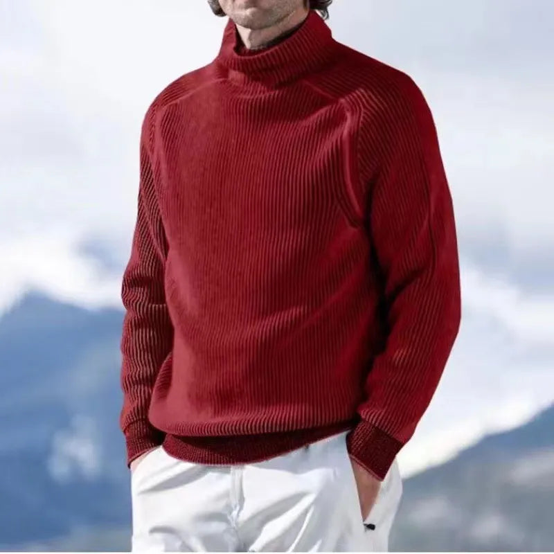 Knitted Jumper - Men's Warm Rib Knit Turtleneck Sweater-Chaps London-Red-XS-Chaps London