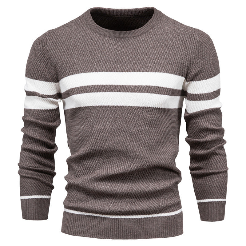 Knitted Jumper - Striped Round Neck Men's Jumper-Hoodies & Sweatshirts-Chaps London-Coffee-S-Chaps London