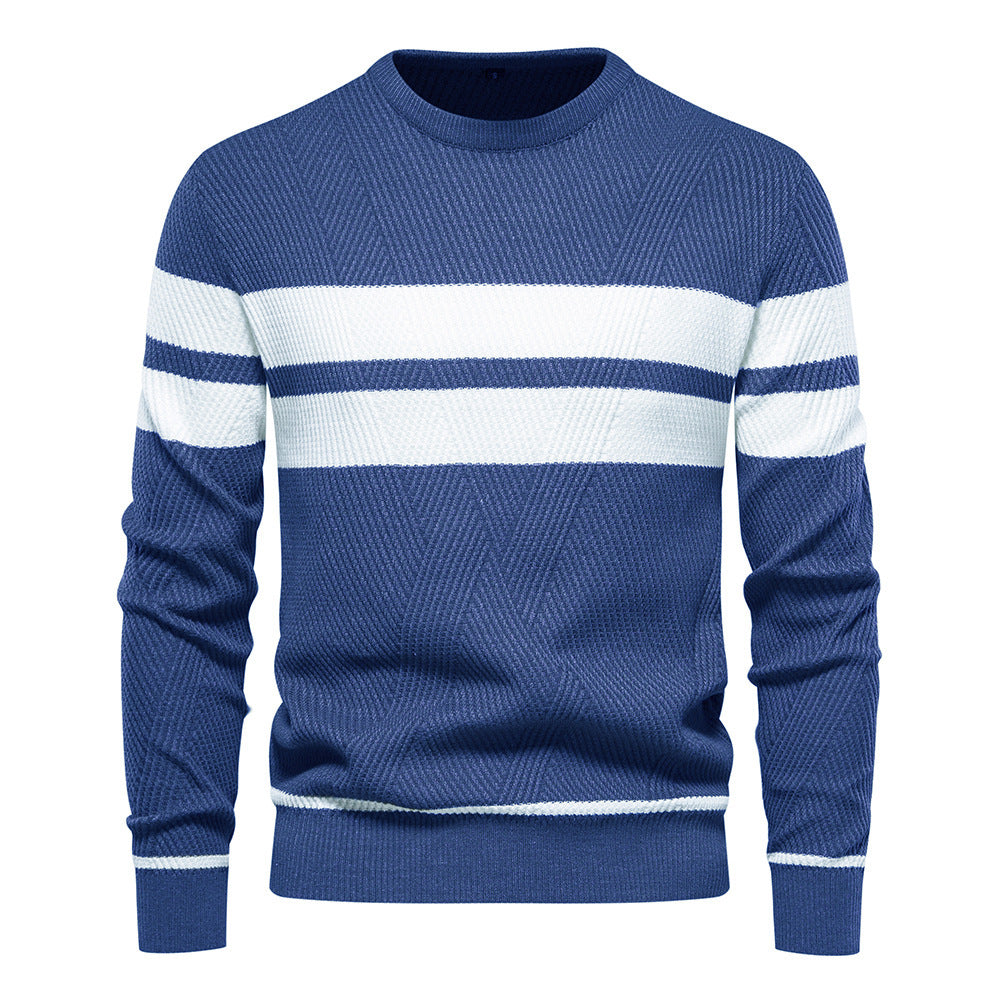 Knitted Jumper - Striped Round Neck Men's Jumper-Hoodies & Sweatshirts-Chaps London-Dark Blue-S-Chaps London