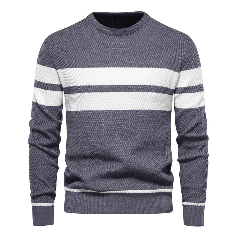 Knitted Jumper - Striped Round Neck Men's Jumper-Hoodies & Sweatshirts-Chaps London-Gray-S-Chaps London