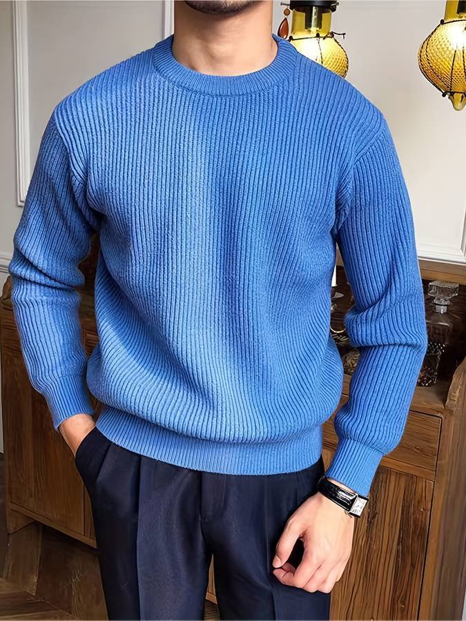 Knitted Jumper - Warm - Rib Knit - Knitted Sweater - Men's Knitwear-Sweaters-Chaps London-Blue-S-Chaps London